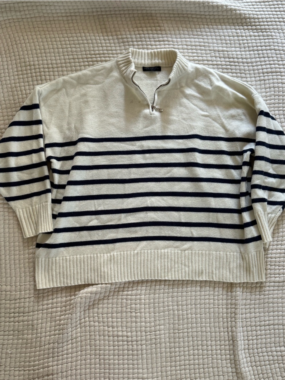 SHEIN Cream and Black Striped Half-Zip Sweater